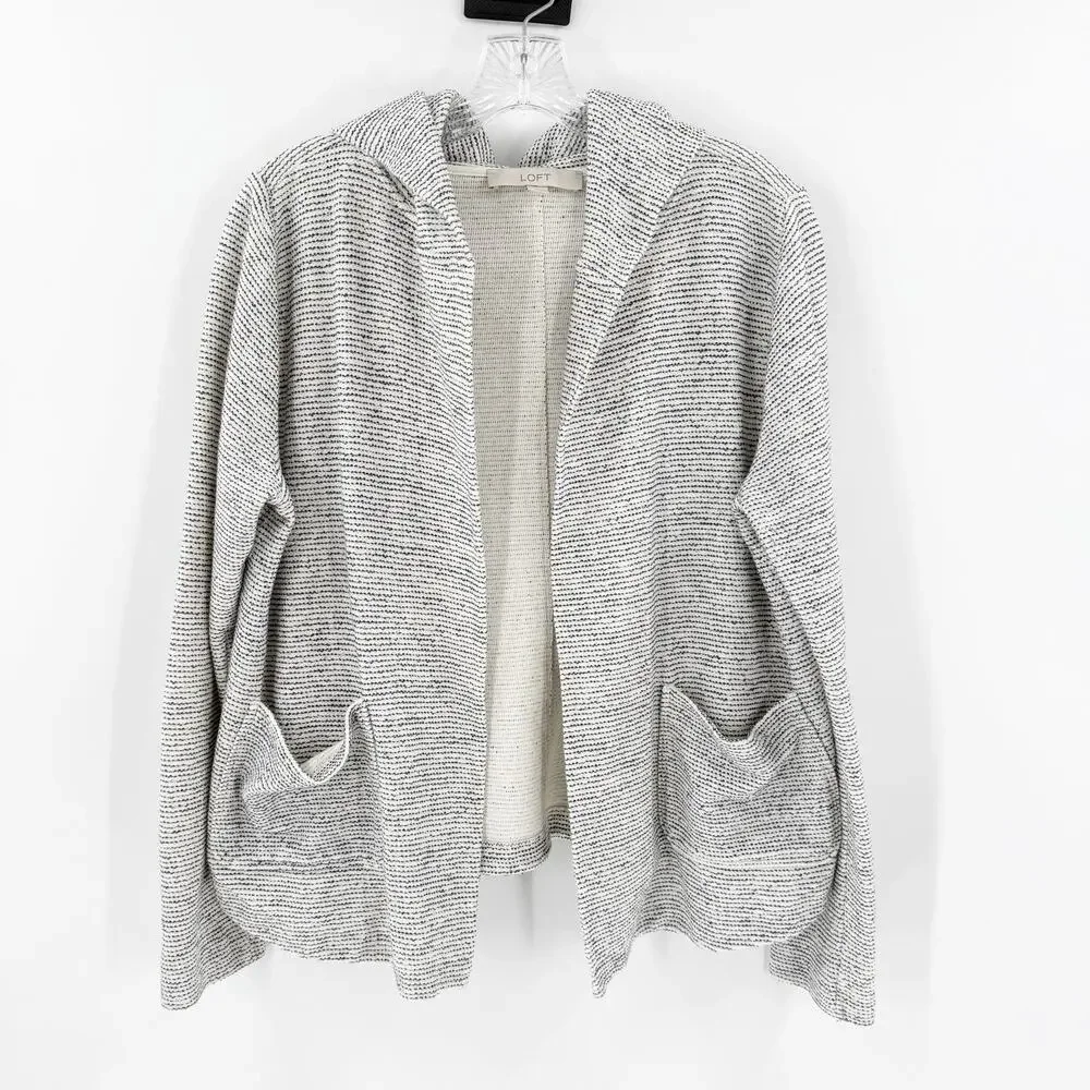 LOFT Open Front Hooded Cardigan in Light Gray and Cream